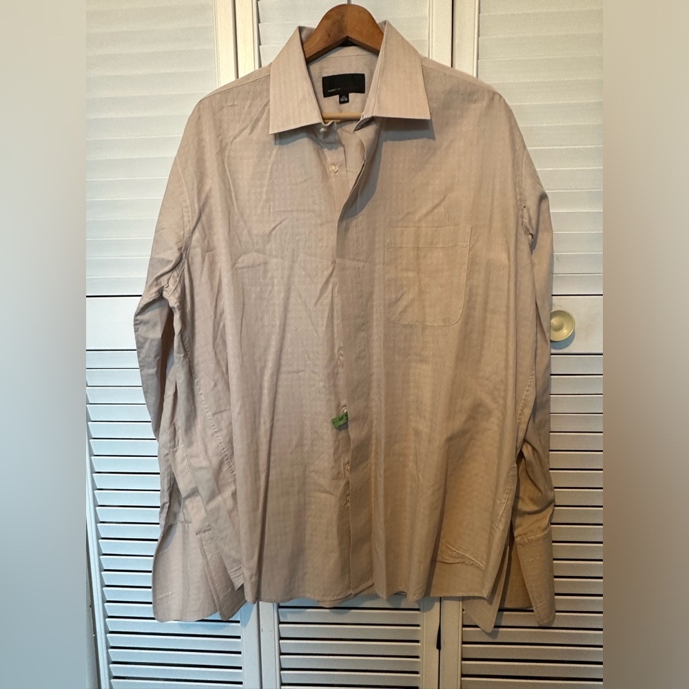 Fubu tan white, long sleeve button up collared shirt, size 17 34/35